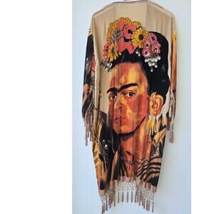 Frida Kahlo Vintage Silk Velvet Beaded Long Duster Kimono Cinco de Mayo One Size